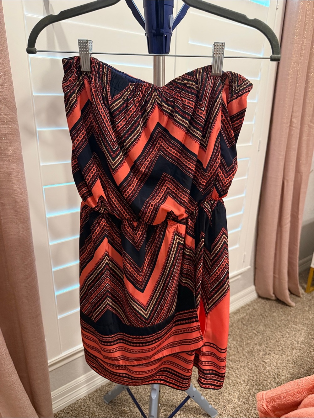 Express Strapless Chevron Dress in Coral and Navy